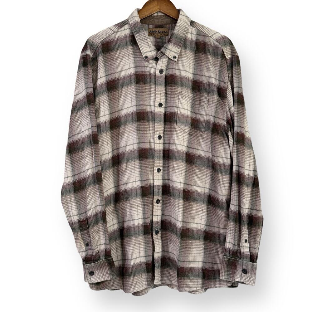 North River XXL Flannel Shirt White Tail Beige Plaid Soft Cotton Rayon Gorpcore